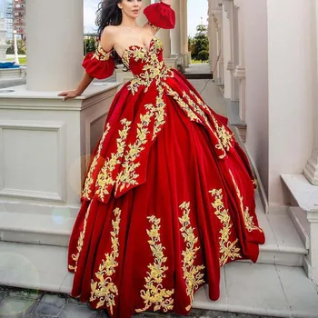 Sarkanā arābu Satīna vakarkleita Bumbu Kleita Pie Pleca Mežģīņu Aplikācijas Kāzu Kleitas Tradicionālo Kosovas vestidos 2021