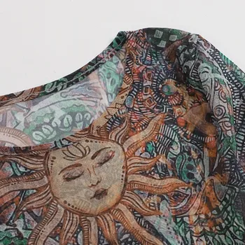 Saule, Mēness Iespiesti Caurspīdīga Sieta Sexy T-Krekls Sievietēm, O-veida Kakla garām Piedurknēm Slim Pamata Gadījuma Sieviešu Topi camisetas mujer 2021
