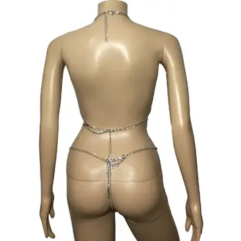 Seksīga Sieviete Metāla Chained Ķermeņa Iejūgs Atklātu Krūts Pavada Krūšturis Top, ar Atvērtu Kājstarpes Siksna Bikini Apakšveļas Komplekts Fetiša Tērpu