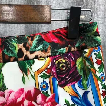 SEQINYY Sicīlija Uzvalks Pavasara Vasaras Jaunā Modes Dizaina Sievietes Skrejceļa Garš Krekls + Šorti Pleds Vintage Ziedu Leopards Drukāt