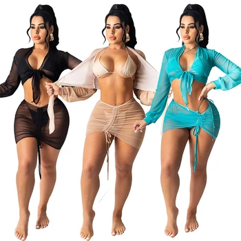 Sexy 4 Gabals Bikini Komplekts Sievietēm Vasarā Cieta Acs Redz Cauri Apvalku, Sadalīt Pludmali, Valkāt Garas Piedurknes Crop Topi Un Svārki Shirring
