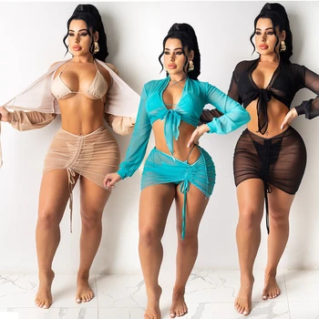 Sexy 4 Gabals Bikini Komplekts Sievietēm Vasarā Cieta Acs Redz Cauri Apvalku, Sadalīt Pludmali, Valkāt Garas Piedurknes Crop Topi Un Svārki Shirring
