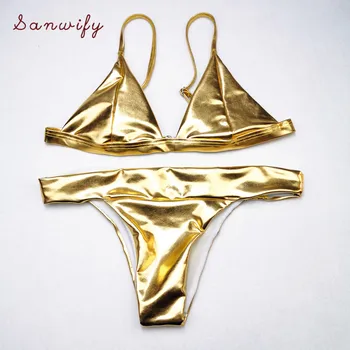 Sexy Atstarojošs Spīdīga Zelta Metāla Push Up Bikini Komplekts 