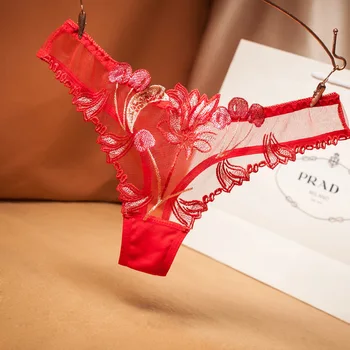 Sexy Izšūti Apakšveļa Sieviešu Siksnas Dobi Modes Caurspīdīga Elastīga T-formas Bikses Tīras Kokvilnas Kājstarpes Dāmu Biksītes