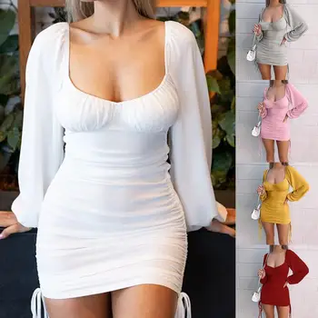 Sexy Kleitas Sievietēm Laukumā Apkakles Ilgi Puff Piedurknēm Kleita Ruched Aukliņu Bodycon Puse Mini Kleita Apģērbu Vestidos 2021