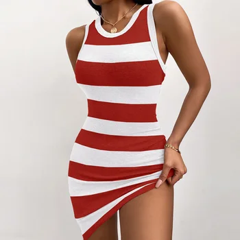 Sexy Off Plecu Piedurknēm Sieviešu Mini Kleita 2021. Gada Vasarā Gadījuma Svītru Drukāt Tvertne Kleita Eleganta Dāma, O-Veida Kakla Bodycon Puse Kleita