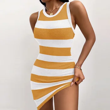 Sexy Off Plecu Piedurknēm Sieviešu Mini Kleita 2021. Gada Vasarā Gadījuma Svītru Drukāt Tvertne Kleita Eleganta Dāma, O-Veida Kakla Bodycon Puse Kleita