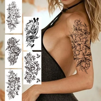 Sexy Peonija Pagaidu Tetovējums Sievietēm, Meitenēm Viltus Trīsstūris Acu Ziedu Tetovējumu Uzlīmes Rose Black Ģeometrija Vizbulis Tatoos Papīra