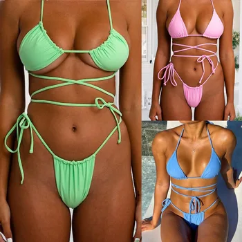 Sexy Sievietes Brazīlijas Bikini Peldkostīmu Push-up Krūšturis Bikini Iestatīt vienkrāsainu Pārsējs Peldkostīmu Mikro Bikini Vasaras Beachwear Peldēties Uzvalku