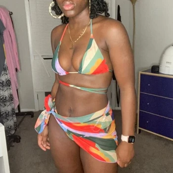 Sexy trīsstūris mikro bikini ir 2021. Colorblock drukāt peldkostīmi sieviešu String mežģīnes up peldkostīms 3-gabals acs svārki peldkostīms, Peldēšana