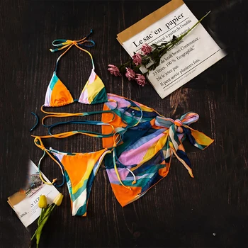 Sexy trīsstūris mikro bikini ir 2021. Colorblock drukāt peldkostīmi sieviešu String mežģīnes up peldkostīms 3-gabals acs svārki peldkostīms, Peldēšana