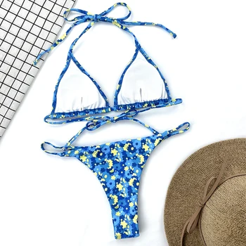 Sexy zilu ziedu drukāt peldkostīms sievietēm Trīsstūris mikro bikini komplekts High cut peldkostīmi ir 2021. String peldēšanas peldkostīms Pludmalē valkāt