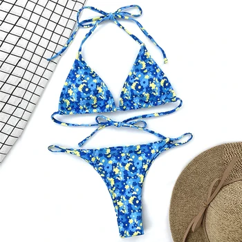 Sexy zilu ziedu drukāt peldkostīms sievietēm Trīsstūris mikro bikini komplekts High cut peldkostīmi ir 2021. String peldēšanas peldkostīms Pludmalē valkāt