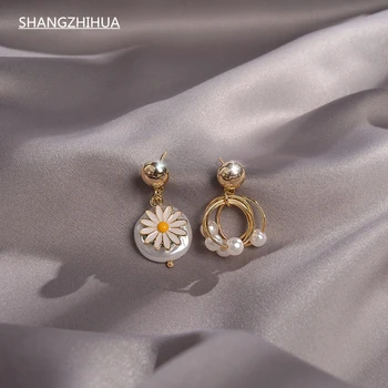 SHANGZHIHUA korejas metāla ģeometriskā asimetrisks pērļu auskari, ir 2021. jaunu stilu maza Margrietiņa modes sieviešu auskari puse dāvanas