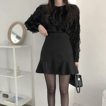 Shintimes Black Ruffles Svārki-Line Mini Svārki Sieviešu 2021. Gada Pavasara Rudens Anglijas Korejas Modes Sieviete Svārki Impērijas Jupe Femme