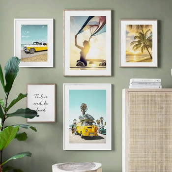 Sienas Mākslas Audekls Gleznošanai Dzeltena Vintage Van Vējdēlis Meitene Coconut Beach Ziemeļvalstu Plakāti Un Izdrukas Sienas, Attēlus Dzīvojamā Istaba