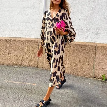 Sieviete Leoparda Kleitas, Vasaras Antumn Gadījuma Zaudēt V-veida kakla Laternu Piedurknēm Leopards Drukāt Midi Kleitu Puse Sieviešu Kluba Vestidos