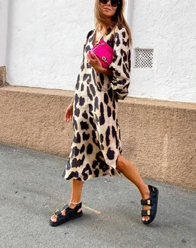 Sieviete Leoparda Kleitas, Vasaras Antumn Gadījuma Zaudēt V-veida kakla Laternu Piedurknēm Leopards Drukāt Midi Kleitu Puse Sieviešu Kluba Vestidos