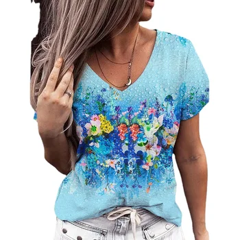Sieviete Tshirts 2021. Gada Vasarā Jaunu Eiropas un Amerikas Sieviešu Apģērbu ar V-veida kakla Drukāšanas Īsām piedurknēm Gadījuma T-krekls, Tops Sievietēm