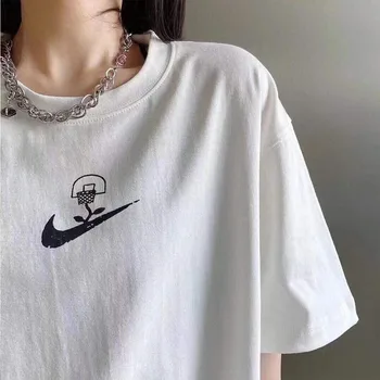 Sievietes ir o-veida kakla T-krekls Japāņu Harajuku Maz barba saulespuķu basketbola grafiti īsām piedurknēm pāris topi Streetwear Tshirt