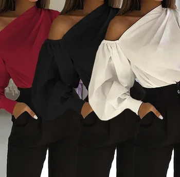 Sievietēm ar garām Piedurknēm Krekli Vasaras Cietā Sexy Pie Pleca Blūzes Gadījuma Mīksti Topi Elegants OLA Blusas Plus Lieluma Sieviešu Apģērbu 5XL