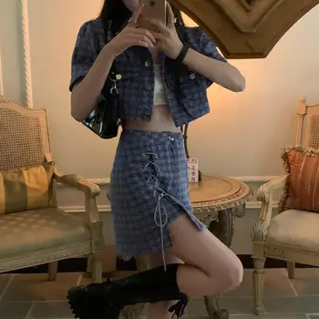 Sievietēm Komplekti, Savukārt, Apkakles Mini Pleds Meitenes Atdzist korejiešu Stilā, Vasaras 2021-line Gadījuma Streetwear Vintage Modes Visas Spēles