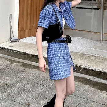 Sievietēm Komplekti, Savukārt, Apkakles Mini Pleds Meitenes Atdzist korejiešu Stilā, Vasaras 2021-line Gadījuma Streetwear Vintage Modes Visas Spēles