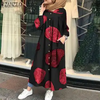 Sievietēm Musulmaņu Vintage Kleita ZANZEA Islāma Kaftan garām Piedurknēm Drēbes Gadījuma Drukāt Maxi Kleitas Ilgi Drēbes Gadījuma Abaya Hijab Kleitas
