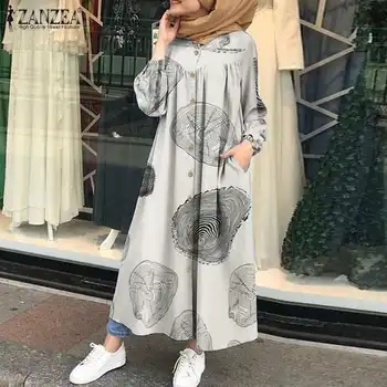 Sievietēm Musulmaņu Vintage Kleita ZANZEA Islāma Kaftan garām Piedurknēm Drēbes Gadījuma Drukāt Maxi Kleitas Ilgi Drēbes Gadījuma Abaya Hijab Kleitas
