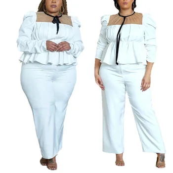 Sieviešu 4xl 5xl Plus Lieluma Apģērbu Komplekti, Balta Blūze & Bikses Ruffles Acs Raibs Modes High Street Wear Apģērbs atbilstības Komplekti