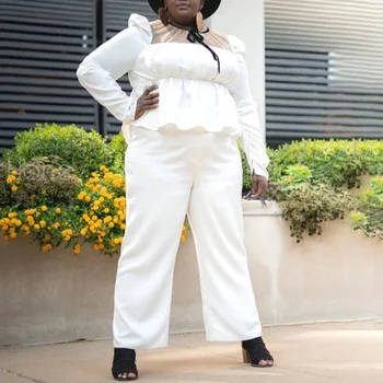 Sieviešu 4xl 5xl Plus Lieluma Apģērbu Komplekti, Balta Blūze & Bikses Ruffles Acs Raibs Modes High Street Wear Apģērbs atbilstības Komplekti