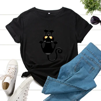 Sieviešu Grafiskais T-Krekli Iespiesti Krekls Kokvilnas Tee Īsām Piedurknēm Vasaras Topi, Sieviešu t-veida Apģērbu Smieklīgi Melnais Kaķis, Dzīvnieku Augšu