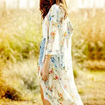 Sieviešu Ikdienas Vintage Kimono Jaka Dāmas 2021. Gada Vasarā Ilgi Tamborēt Šifona Kimono Preto Vaļēju Floru Iespiesti Blūze Tops Melna