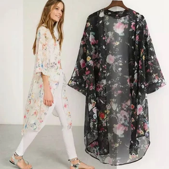Sieviešu Ikdienas Vintage Kimono Jaka Dāmas 2021. Gada Vasarā Ilgi Tamborēt Šifona Kimono Preto Vaļēju Floru Iespiesti Blūze Tops Melna