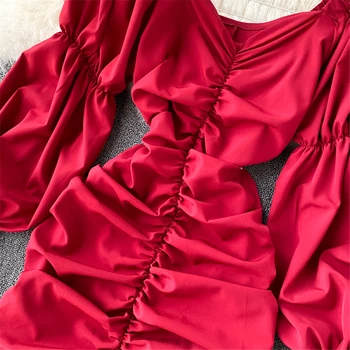 Sieviešu Kroku Garām Piedurknēm Kleita Pavasara Rudens V Kakla Slim Puff Piedurknēm Midi Kleitas Modes Gadījuma Kleita Sieviešu Apģērbu 2021