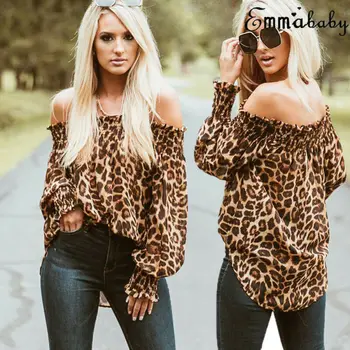 Sieviešu Leopard Krekli Pie Pleca Drukāšana, Mīksti Topi, Džemperi, Elegants Dāmu Blūze Stilīgs Femme Blusa Krekls Apģērbi