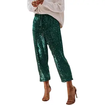 Sieviešu Modes Augsta Vidukļa Aukliņu Spīdīgi Vizuļi Brīvs Bikses Puse Bikses штаны