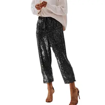 Sieviešu Modes Augsta Vidukļa Aukliņu Spīdīgi Vizuļi Brīvs Bikses Puse Bikses штаны