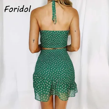 Sieviešu Modes Kleita Zaļā Ziedu Drukāt Backless Bodycon Mini Kleita 2021. Gada Vasaras Sieviešu Pludmales Boho Kleita Vestidos