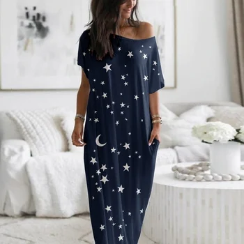 Sieviešu Moon Star Print Kleita Vasarā Pie Pleca O-Veida Kakla Īsām Piedurknēm Vestidos Plus Lieluma Tauriņu Drukāt Homewear Maxi Kleitas
