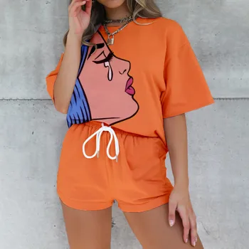 Sieviešu Pidžamas Gadījuma Zaudēt Komiksu Modelis T-krekls ar Aukliņu Bikses Lounge Homewear Uzstādīt Sieviešu Komforta Naktsveļu Vasaras