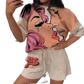 Sieviešu Pidžamas Gadījuma Zaudēt Komiksu Modelis T-krekls ar Aukliņu Bikses Lounge Homewear Uzstādīt Sieviešu Komforta Naktsveļu Vasaras