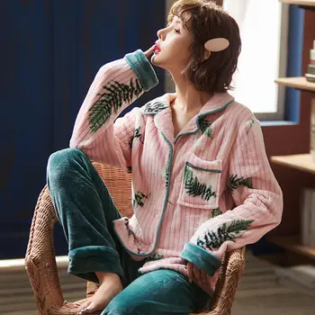 Sieviešu Pidžamas Komplekti Sabiezēt Ziemas Sleepwear Plus Samta XXL Iespiesti Siltuma Sieviešu Pyjams korejiešu Stilā, Modes Flaneļa Ulzzang
