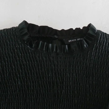 Sieviešu PU Ādas Elastības Īss Krekls Gadījuma Femme Laternu Piedurknēm Blūze Modes Dāma Slim Topi Blusas S8136