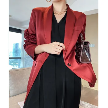 Sieviešu Satīna Uzvalks, Žakete Ir 2021. Pavasara Vasaras Eleganti Sarkanā krāsā ar garām Piedurknēm Bleizeri Biroja Lady Sieviešu Jaka