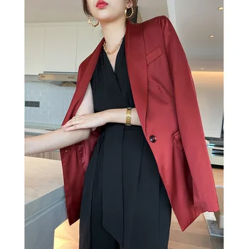 Sieviešu Satīna Uzvalks, Žakete Ir 2021. Pavasara Vasaras Eleganti Sarkanā krāsā ar garām Piedurknēm Bleizeri Biroja Lady Sieviešu Jaka