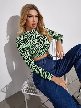 Sieviešu Sexy Backless T-krekls Zebras Svītru, Iespiesto Rakstu Apaļu Apkakli, garām Piedurknēm Crop Topi Ir 2021. Streetwear