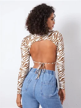 Sieviešu Sexy Backless T-krekls Zebras Svītru, Iespiesto Rakstu Apaļu Apkakli, garām Piedurknēm Crop Topi Ir 2021. Streetwear
