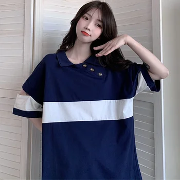 Sieviešu T-krekls ir 2021. Vasaras Polo Kakla Sadalīt Piedurknēm Drēbes Lielgabarīta korejas Krāsu Savienoti Harajuku Pamata Estētiskās Vintage Topi