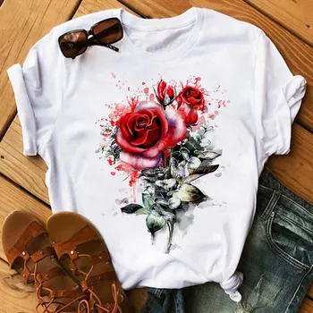Sieviešu T Krekls Rožu Ziedu Grafikas Drukāšanai Īsām piedurknēm Topi Vasaras Gadījuma Dāmas Harajuku Lielajam Sieviete Tee Drēbes Estētisko